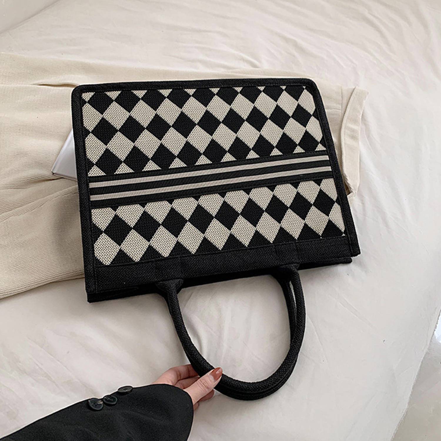 Large Capacity Canvas Tote Bag Black and White Checkerboard, custom tote bag with logo imprint 4