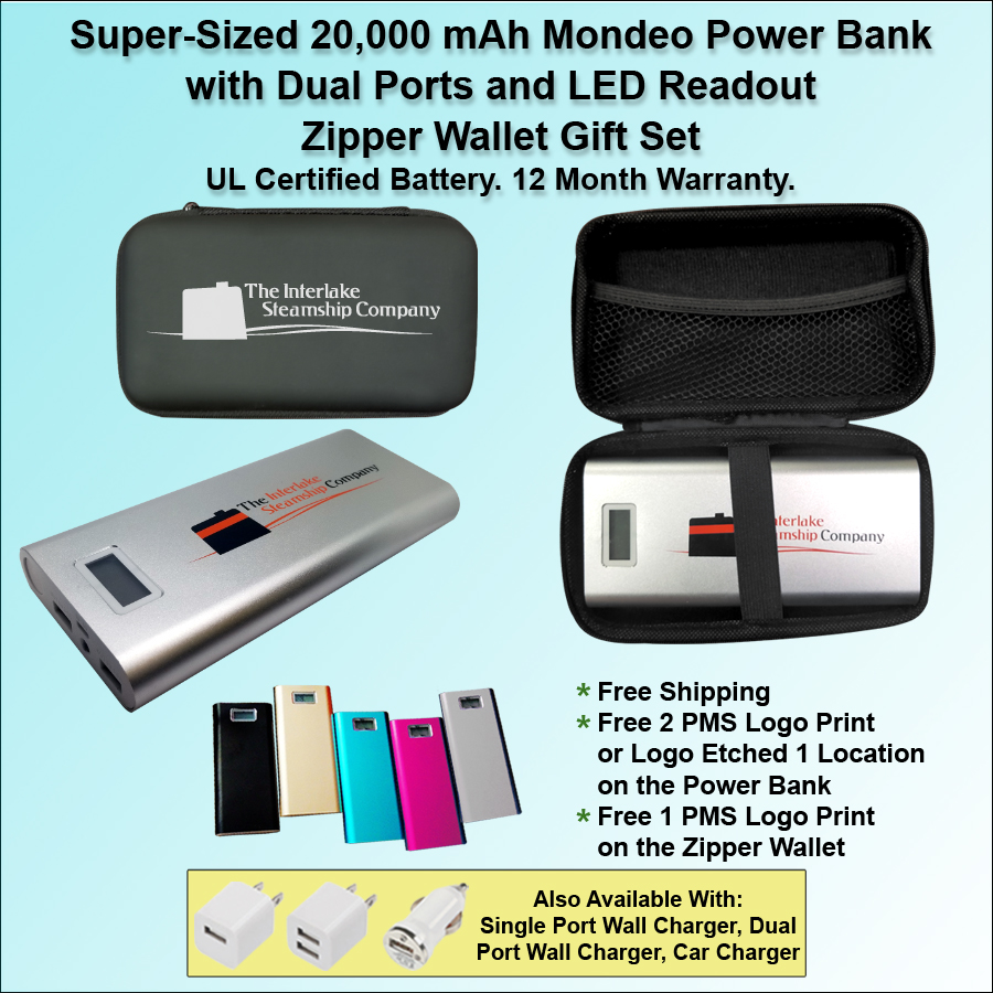 Mondeo Power Bank 20,000 mAh with Dual Ports and LED Readout Zipper Wallet Gift Set