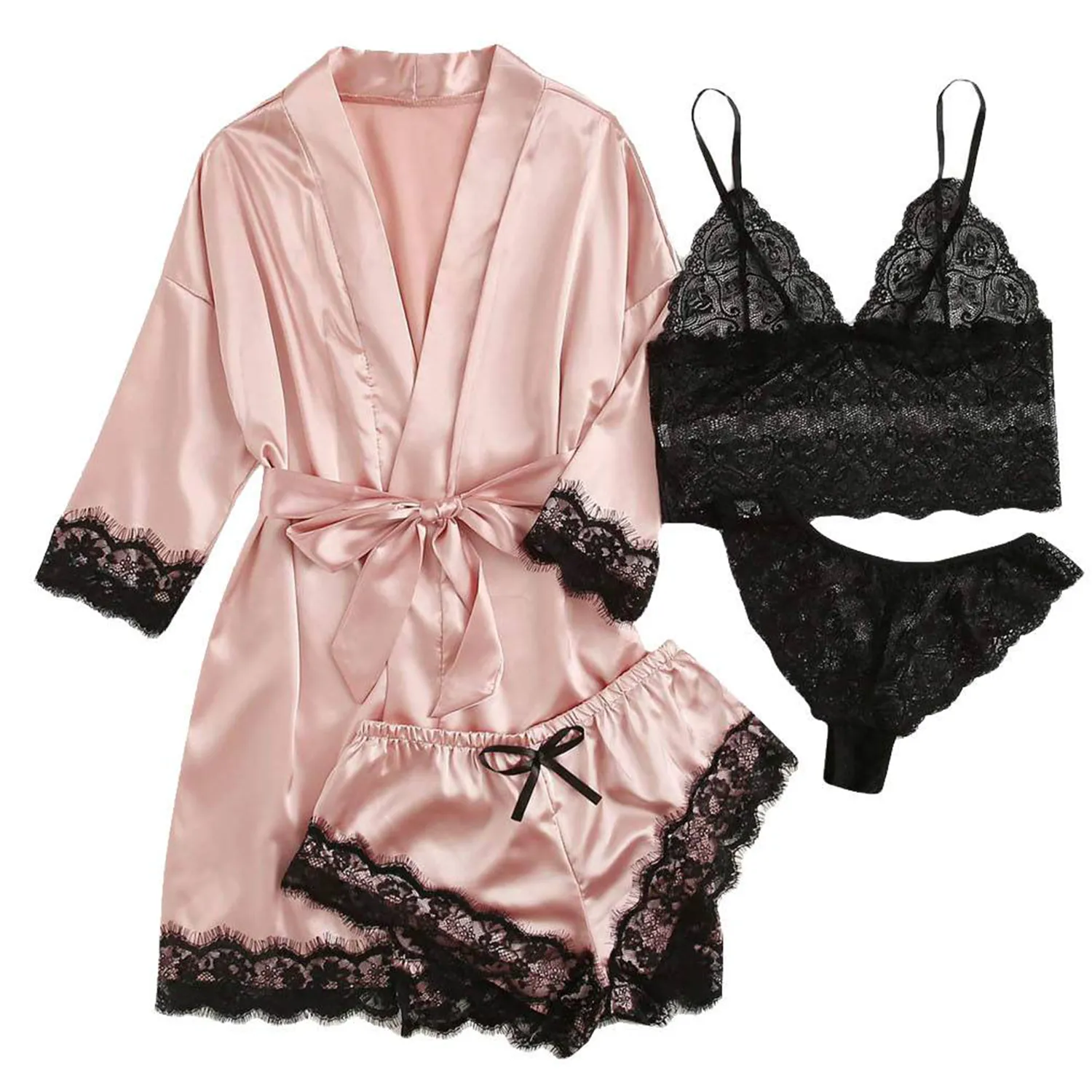 4-Piece Women Silk Soft Lace Satin Pajama Set 3
