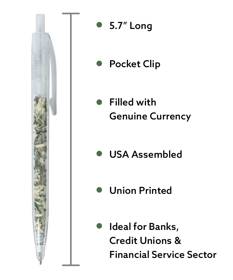Union Printed - US Currency Filled Translucent Clicker - Money Pens - with 1-Color Logo 3