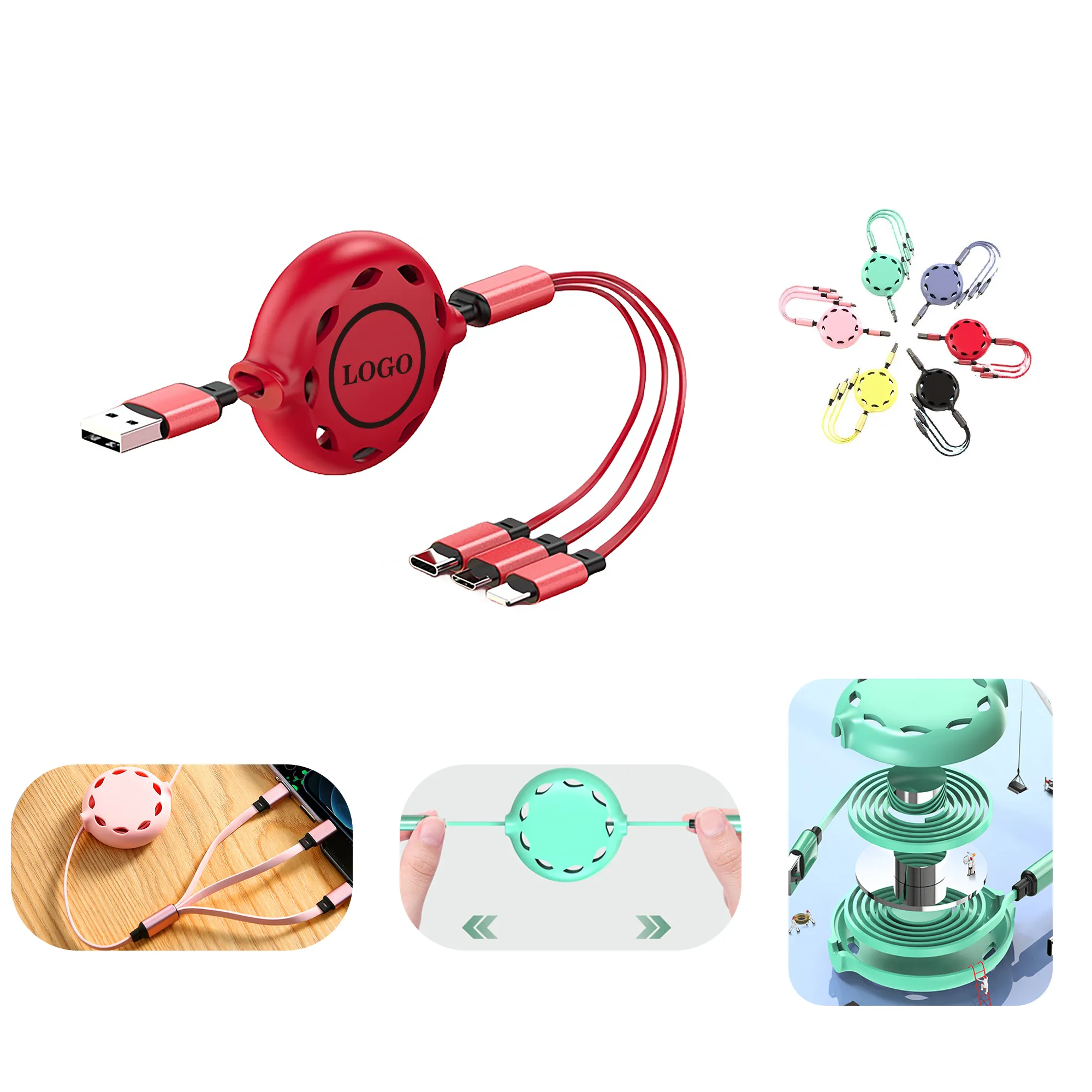 Custom Retractable 3in1 Multi USB Charging Cable 2A
