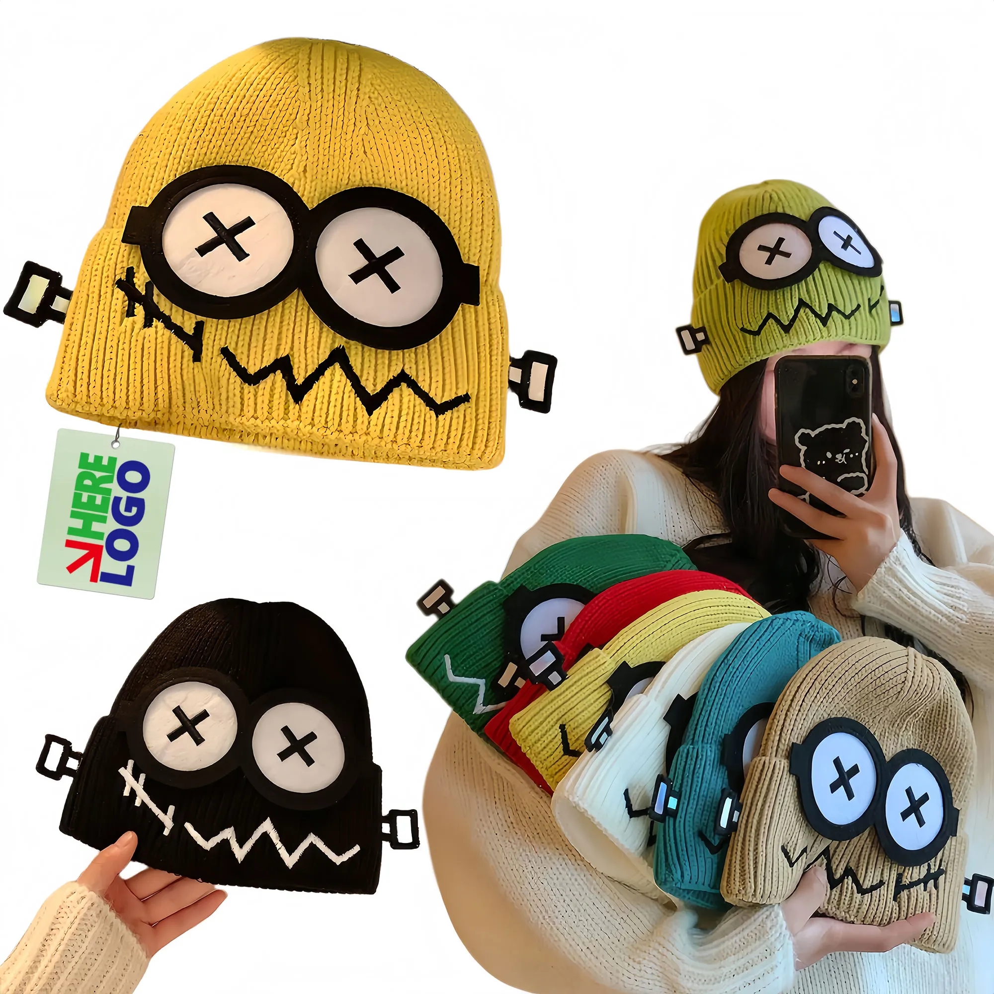 Funny Fault Robot Big Eye Knit Beanie For Women Winter Warm