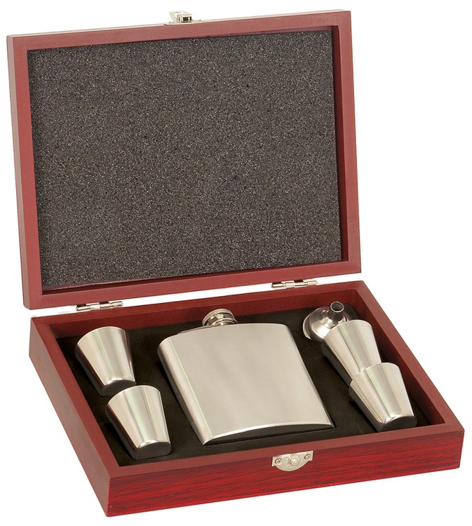 Rosewood Finish Stainless Steel Flask Set (engraved plate), custom water bottle with logo imprint 2