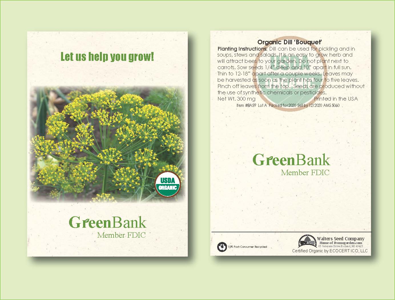 Organic Dill 'Bouquet' Herb Seed Packet -Standard Size 3.25" x 4.5" 1