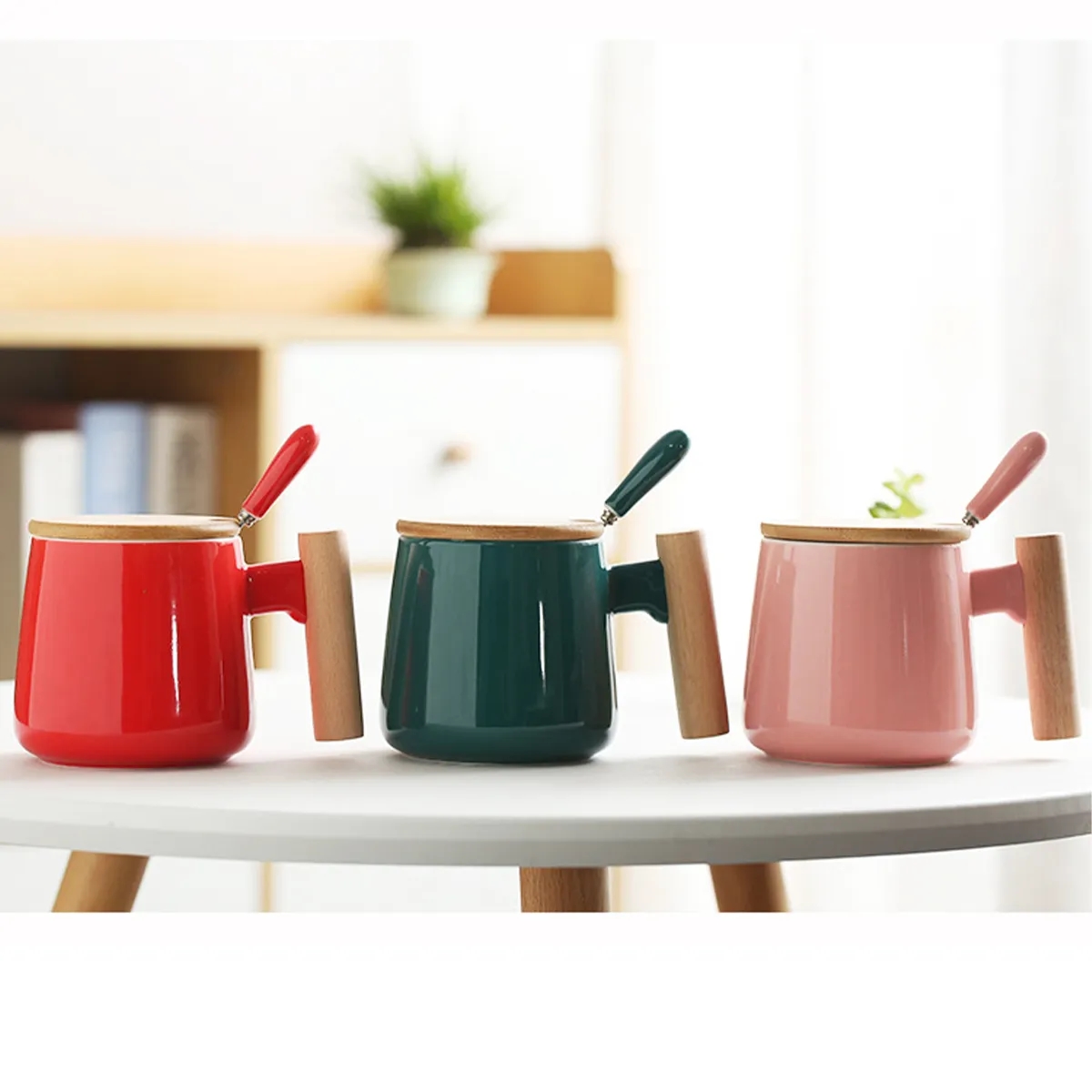 13 Oz. Ceramic Coffee Tea Mug Cup With Wooden Handle Lid 8