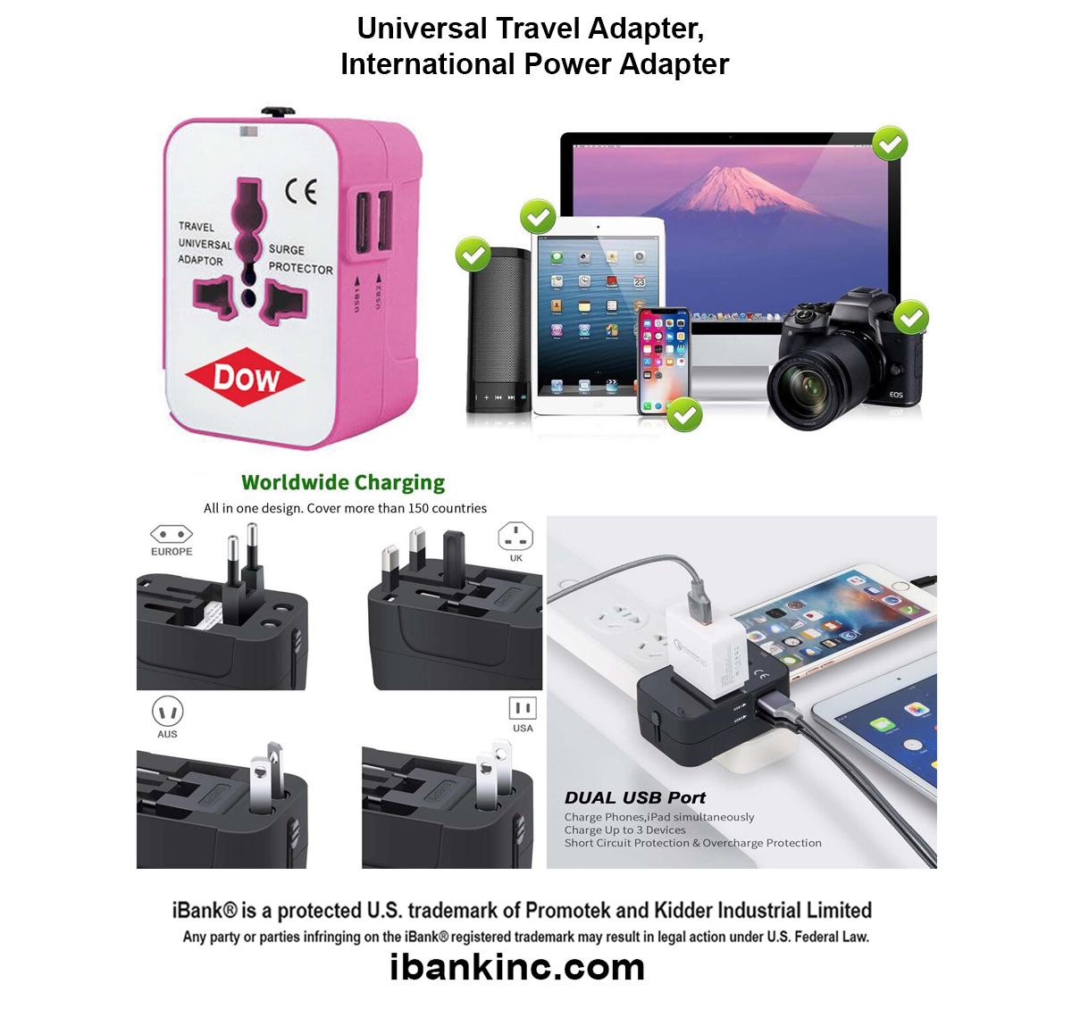 iBank® Universal Travel Adapter USB C, All in One Worldwide Plug Adapter 2