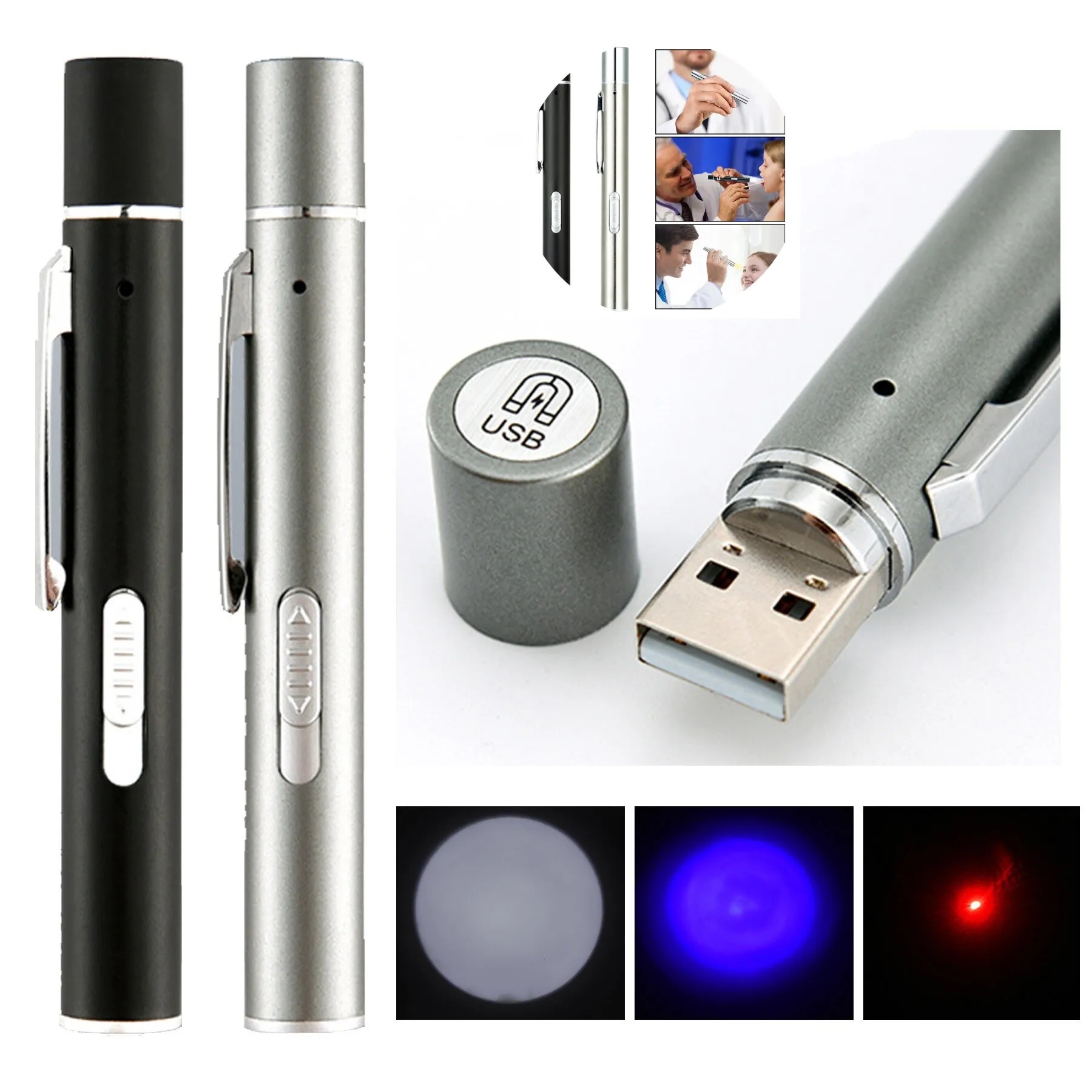 3in1 USB Rechargeable Mini LED Flashlight Pen 2