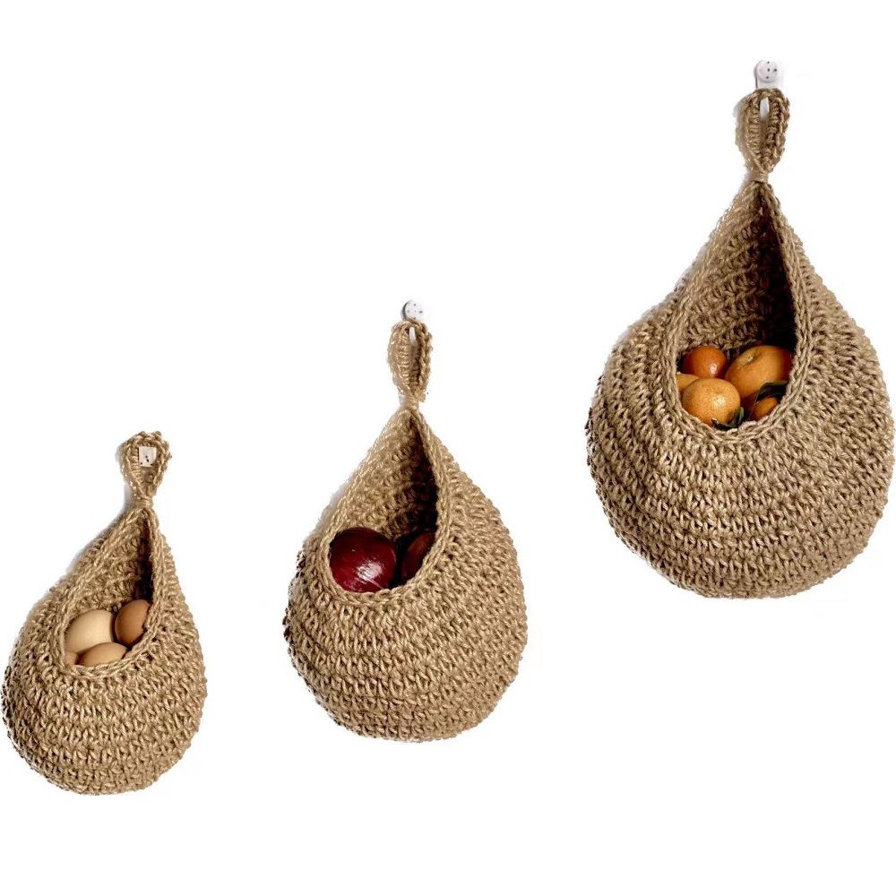 Wall-mounted Fruit Basket With Vegetable Pouch Made Of Hemp Rope Weaving 3