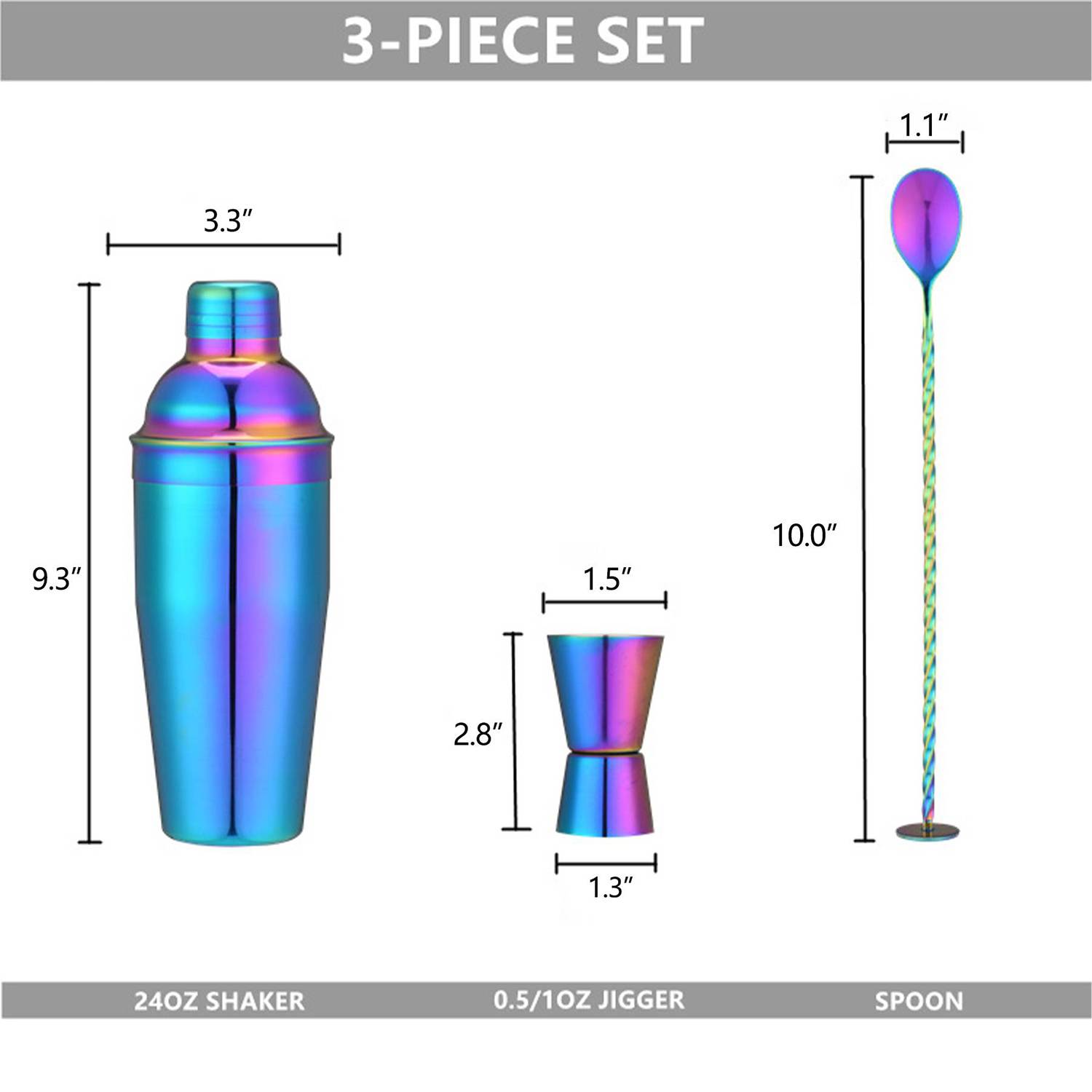 25oz Double-Wall Cocktail Shaker Jigger Mixing Spoon Set 6