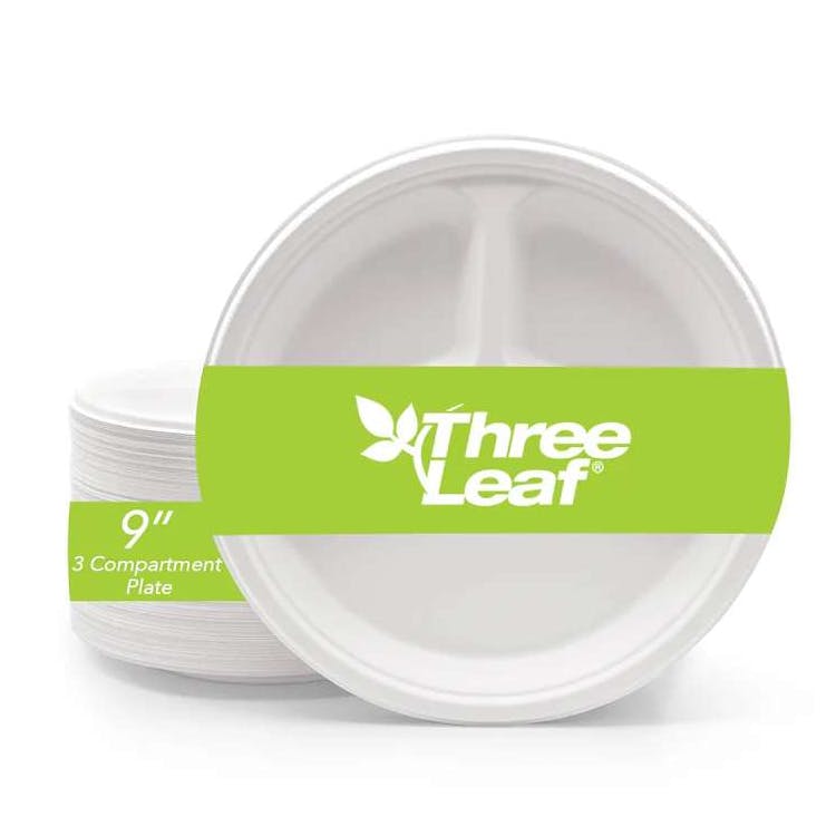 Three Leaf 9" 3 Compartment Bagasse Round Plates 25 Pack 2