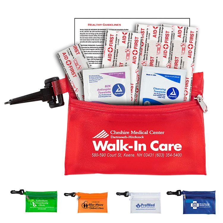 "PARKWAY 7" Piece First Aid Kit inTranslucent Zipper Kit with Plastic Carabiner Attachment