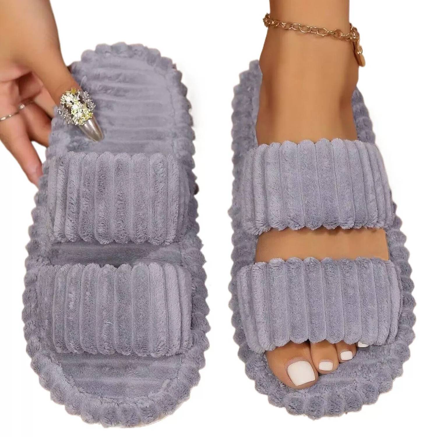Women's Plush Open-Toe Anti-Skid Double Strap Cotton Slipper 5