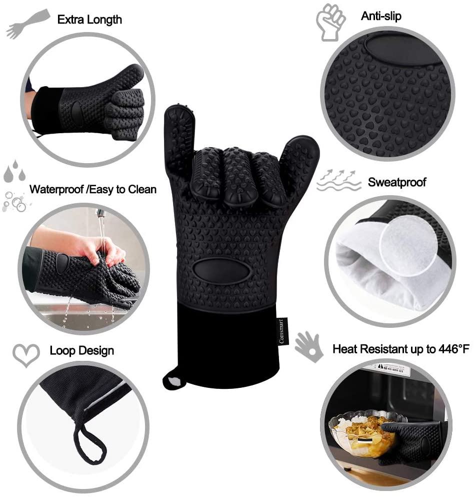 Long Silicone Waterproof BBQ Kitchen Grilling Gloves w/Inner Cotton Layer 10