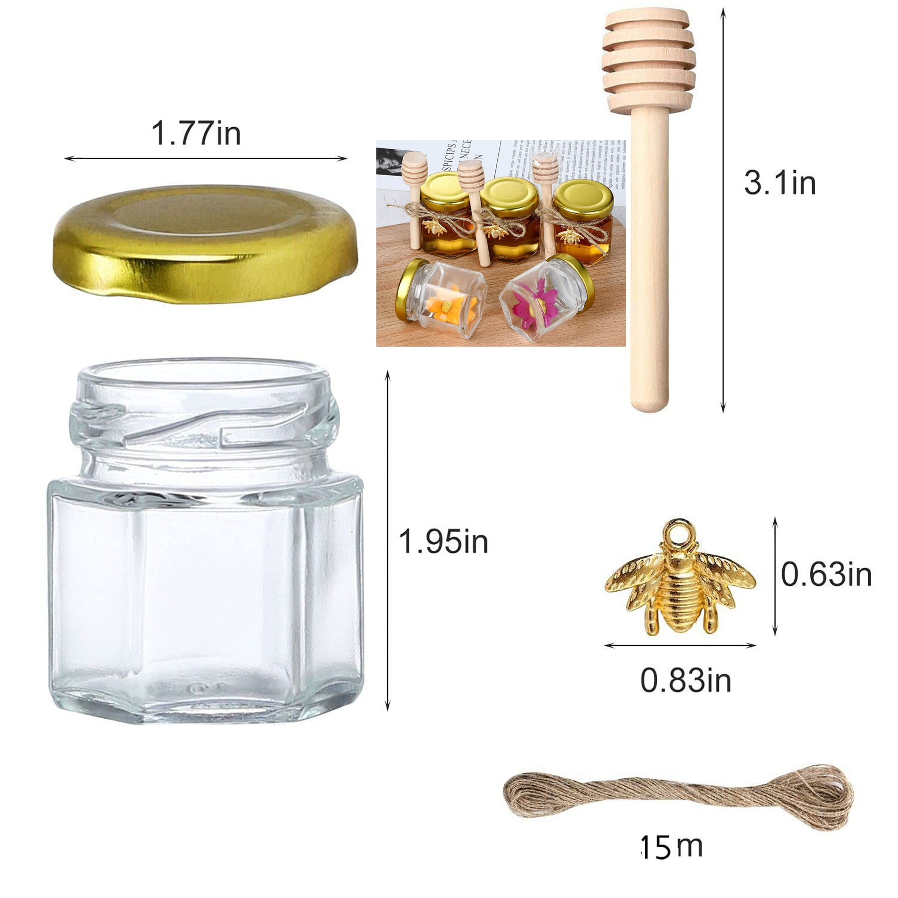 1.5 oz Hexagon Mini Glass Honey Jars with Wood Dipper, Gold Lid, Bee Pendants, Jutes 1