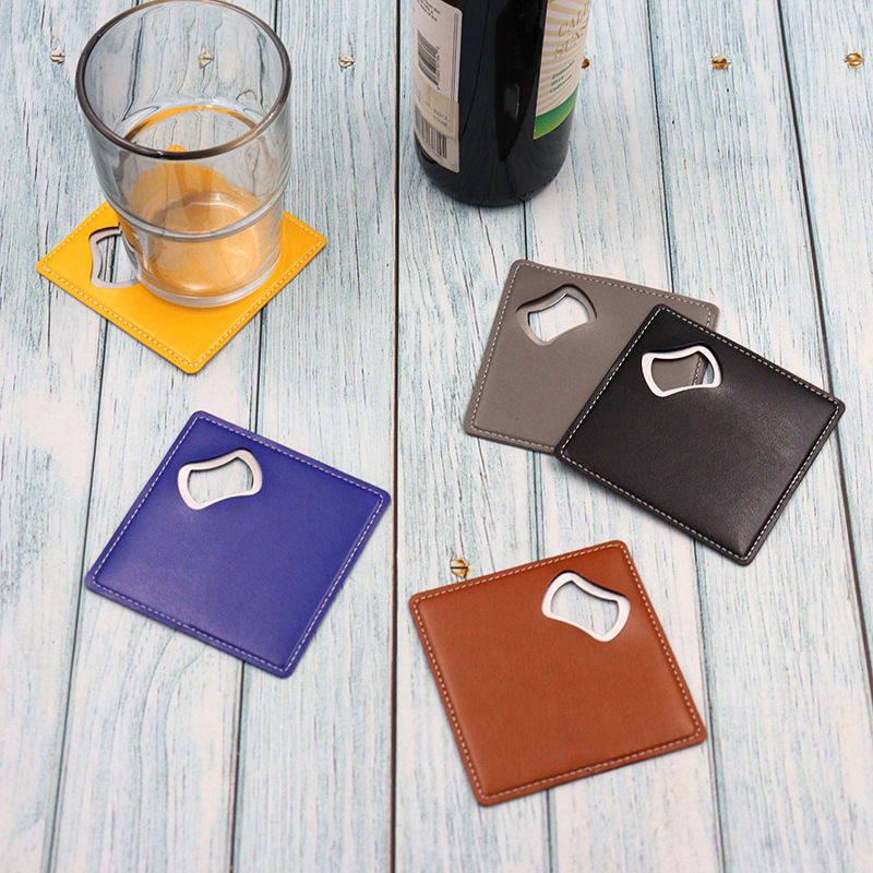 Square Stainless Steel Leathers Coaster Bottle Opener 4