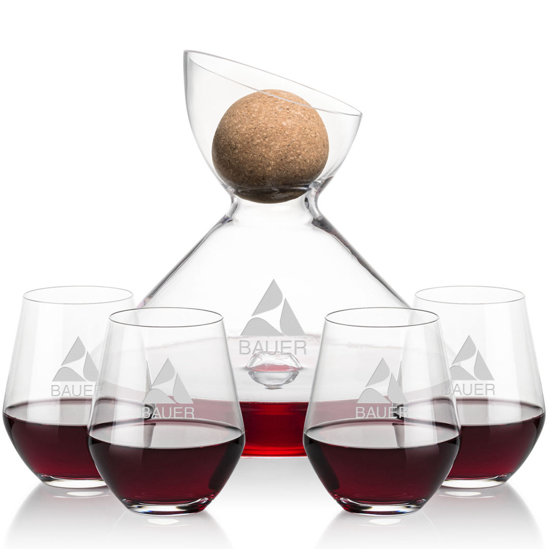 Woodbury Carafe w/Cork Stopper & Reina Stemless Wine 4