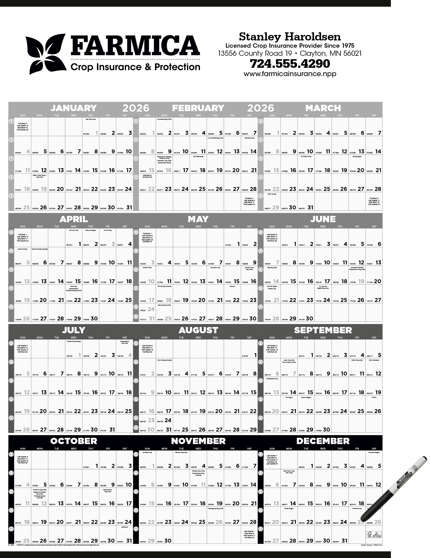 Triumph® Calendars Black & White Time Management Span-A-Year Laminated w/Marker Calendar 2