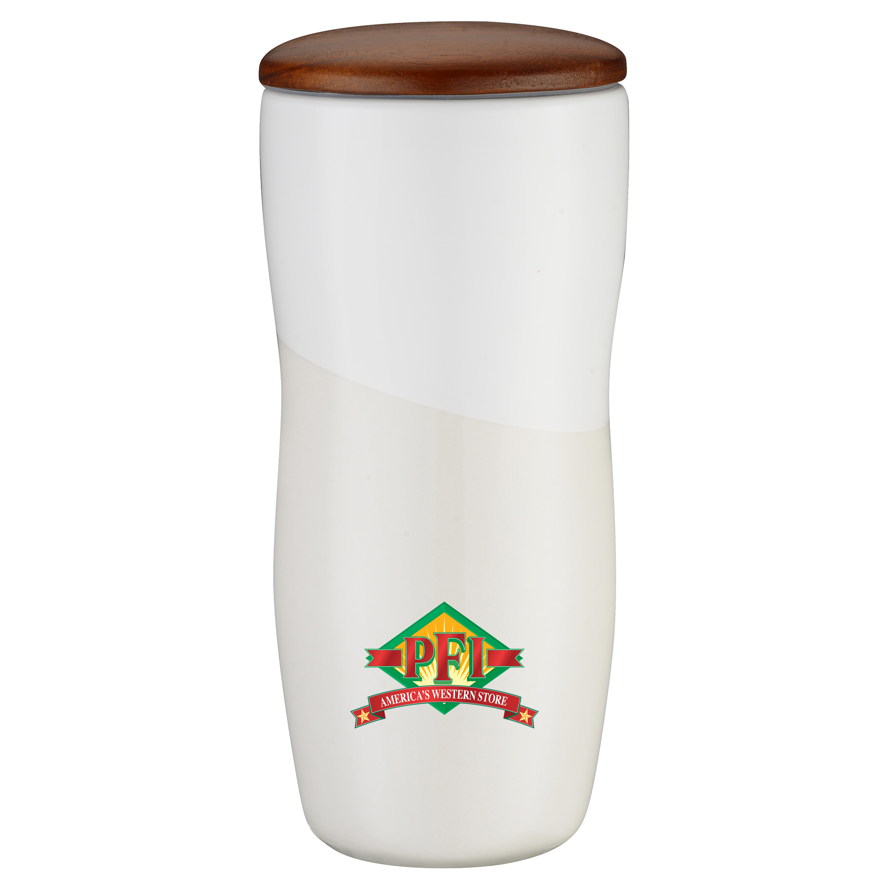 Imari Double Walled 12oz Ceramic Tumbler with Two-Tone Design and Wood Lid 14