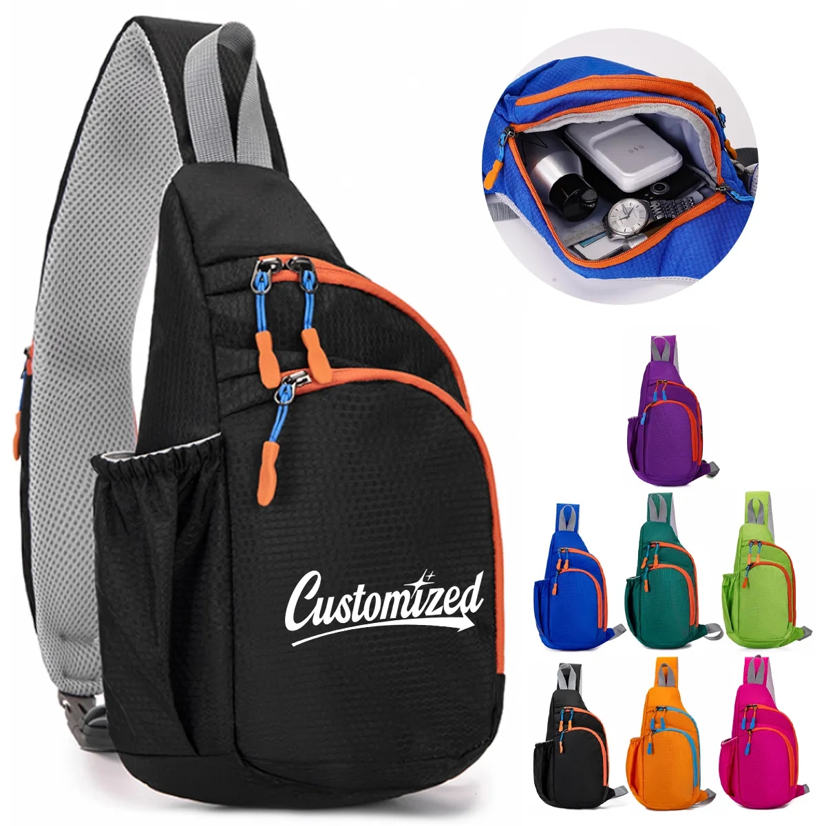 Nylon Sling Crossbody Bag With Side Pocket And Zippers 14
