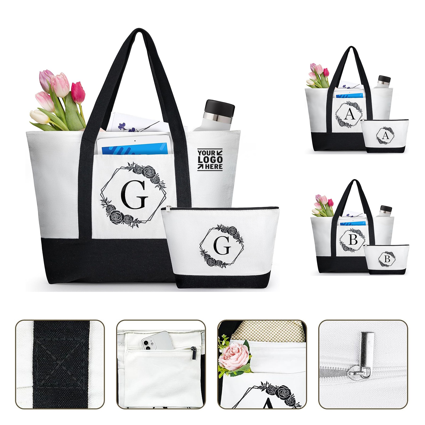 Womens Canvas Monogrammed Reusable 30th Birthday Gift Personalized Tote Beach Makeup Bag 2