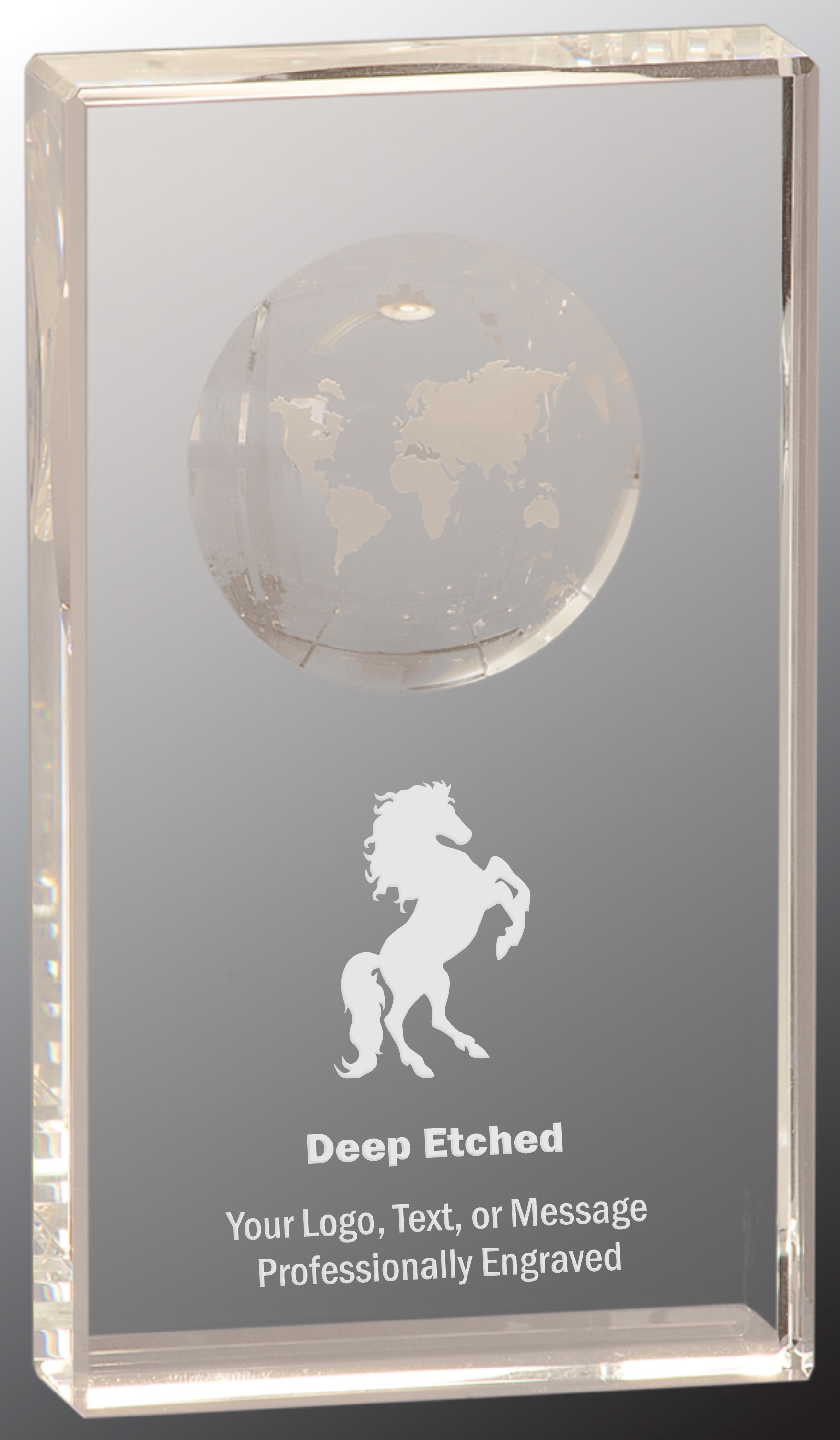 7" Clear Crystal Rectangle Award with Globe Etching