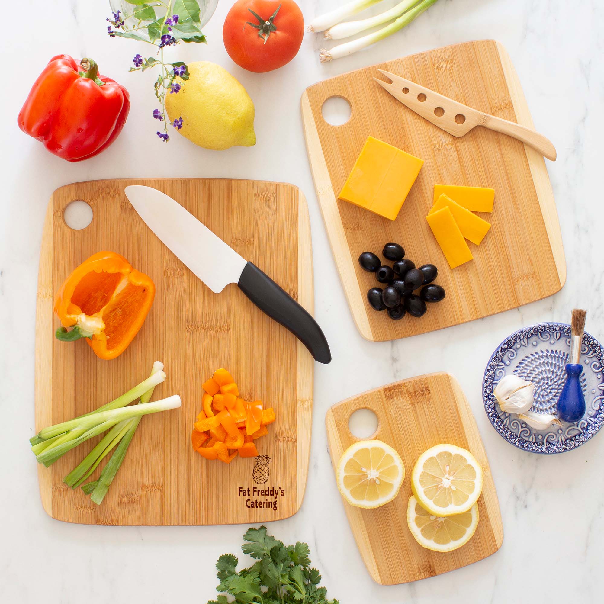 3-Piece Two-Tone Bamboo Serving and Cutting Board Set, 14" x 11" x 3/8", 11" x 9" x 3/8", and 8" x 6 2