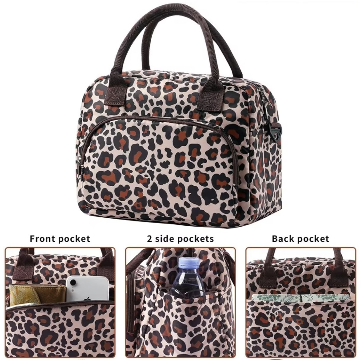 Leopard Print Food Safe Thermal Women Cooling Shoulder Bag Insulated Lunch Bag 3