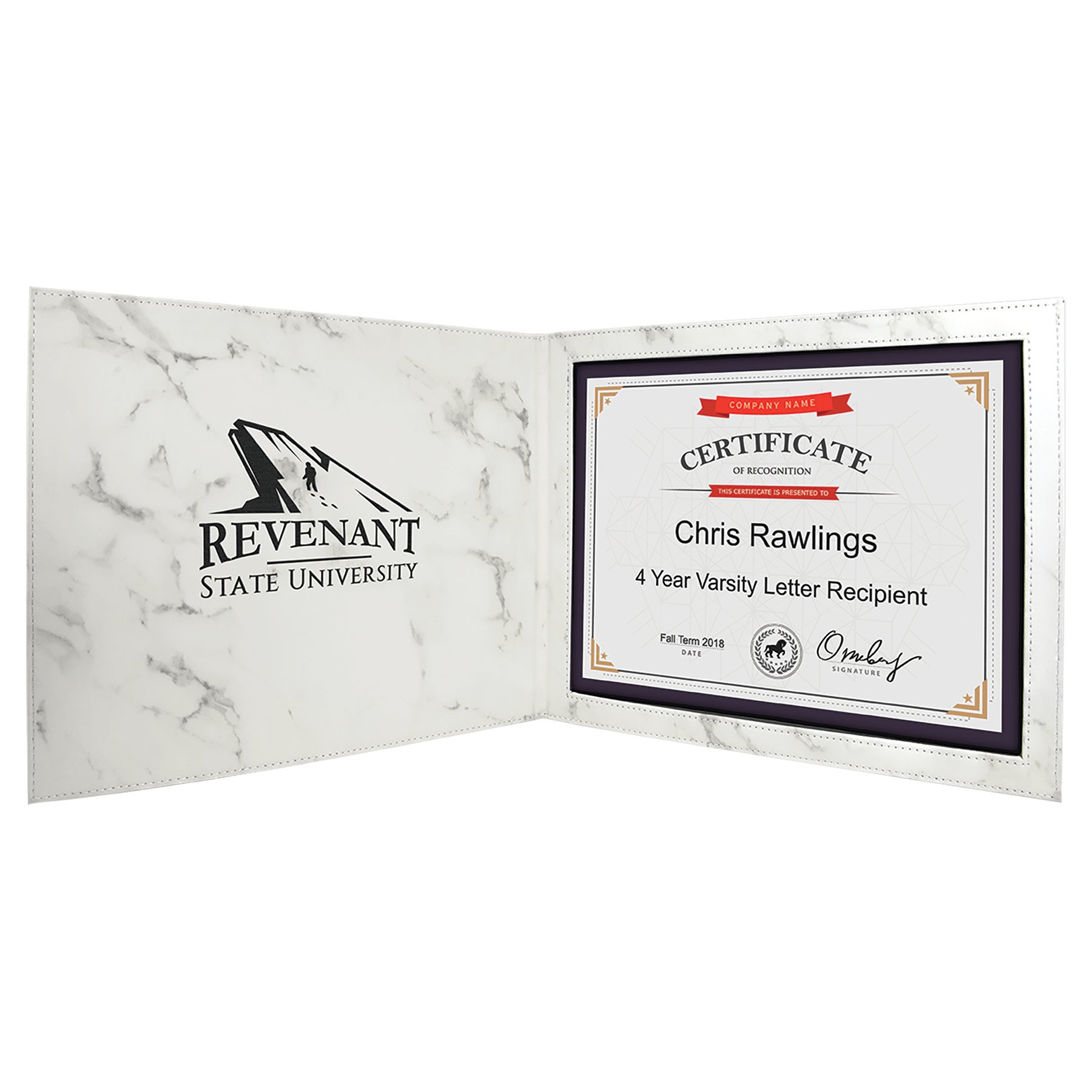 9" x 12" White Marble Leatherette Certificate Holder for 8 1/2" x 11" 2