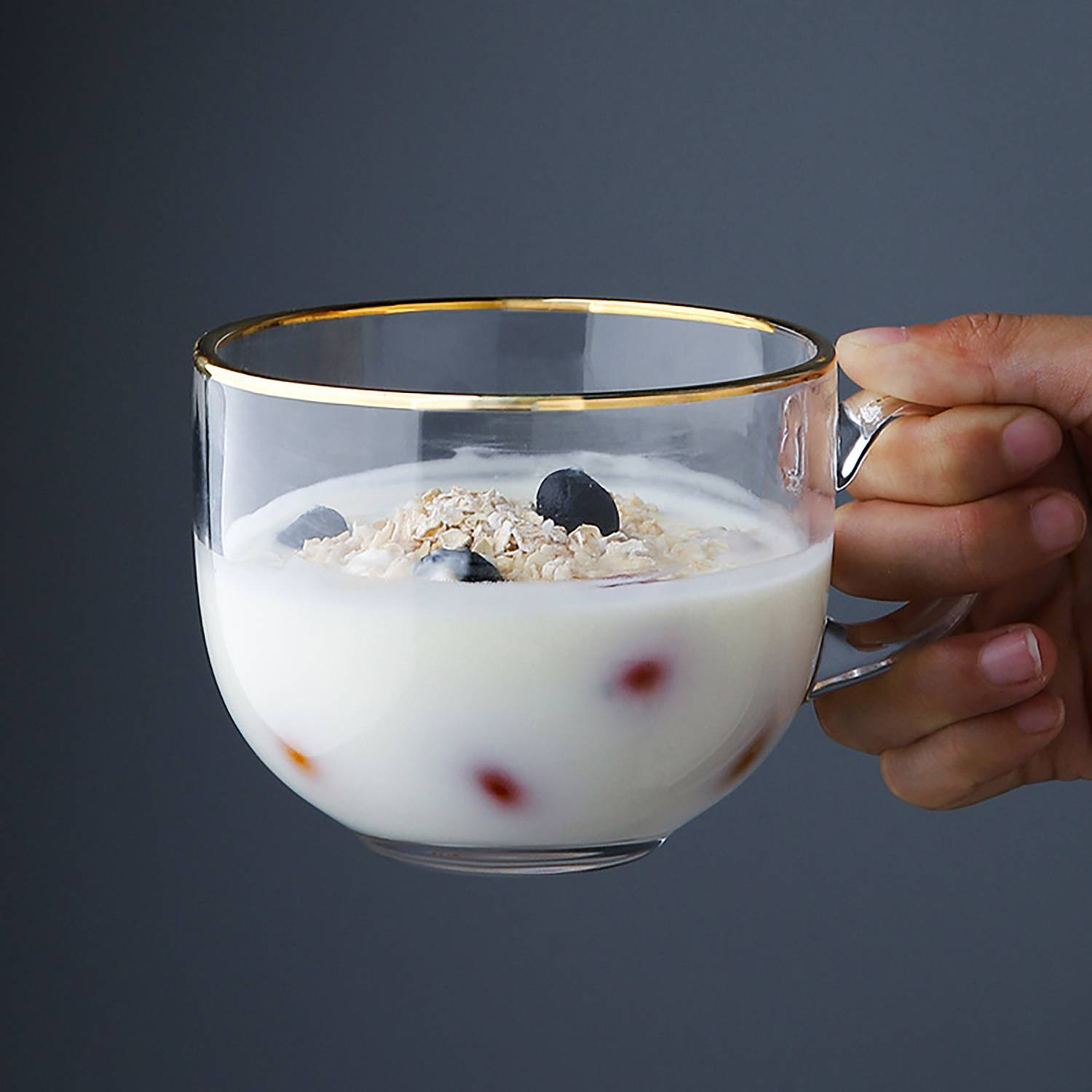 15Oz Clear Glass Breakfast Cup W/ Gold Rim 6