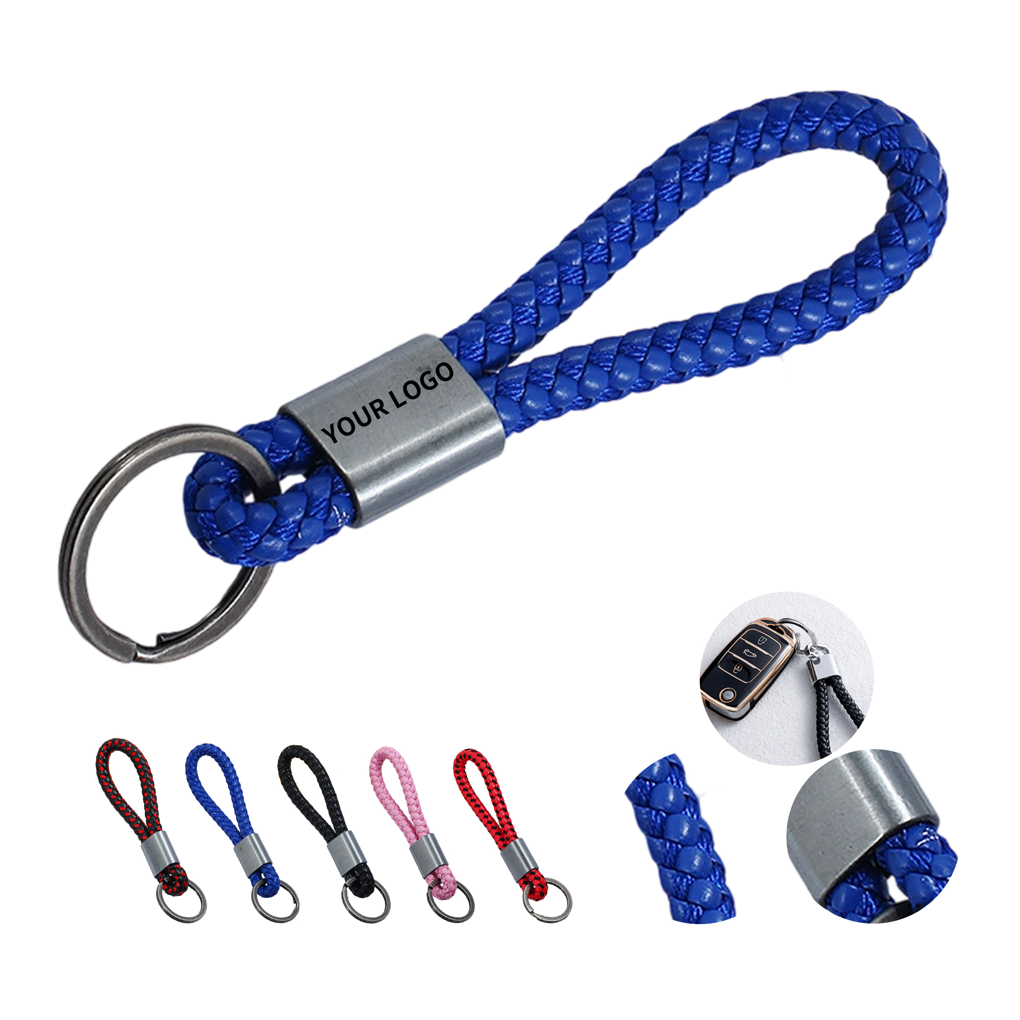 Woven Leather Rope Key Ring With Metal Body 5" Length 3