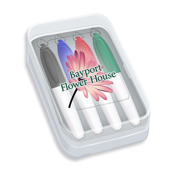 Four Pack of Mini Dry Erase Markers in Clear Plastic Case with Full Color Deca;