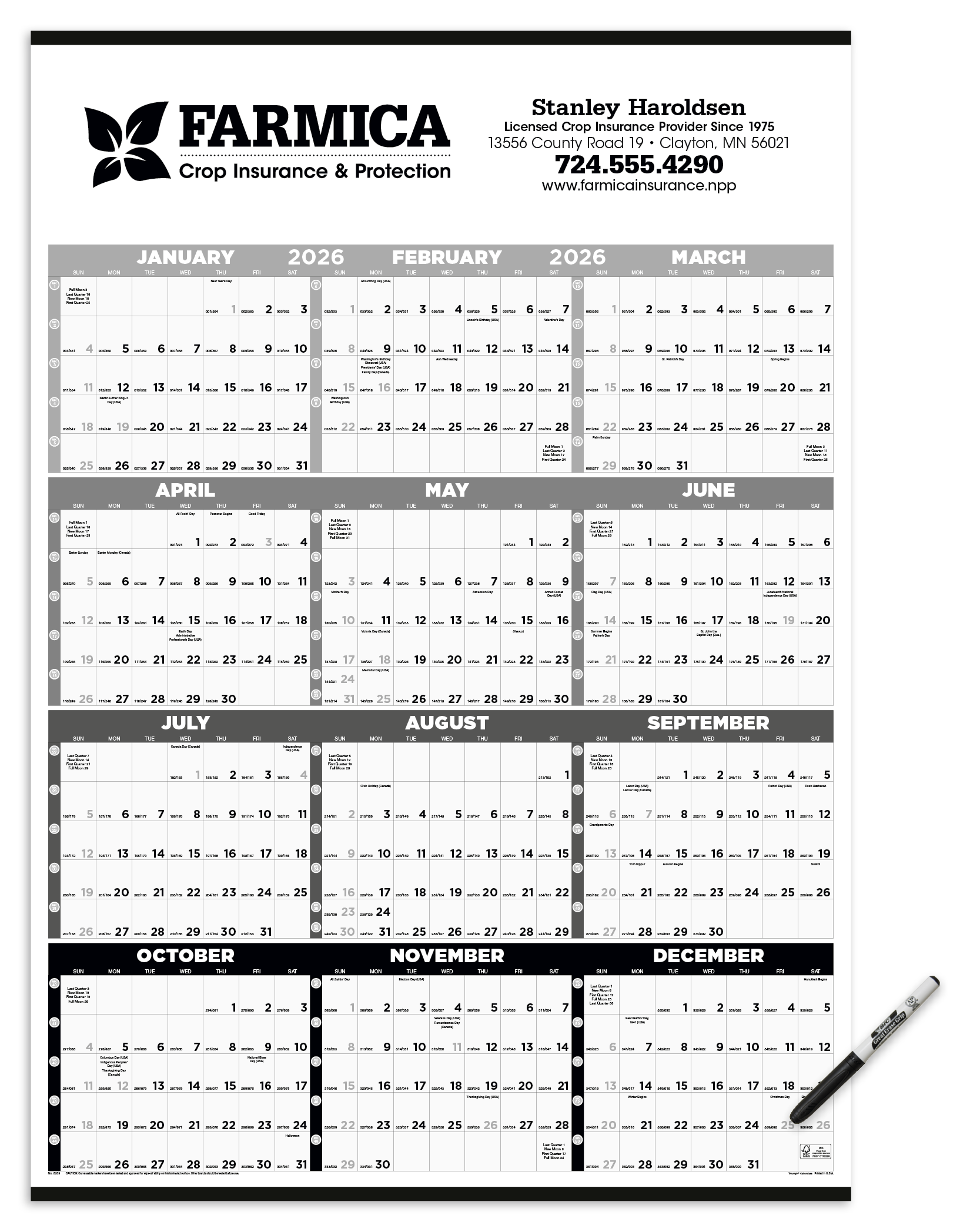 Triumph® Calendars Black & White Time Management Span-A-Year Laminated w/Marker Calendar 13