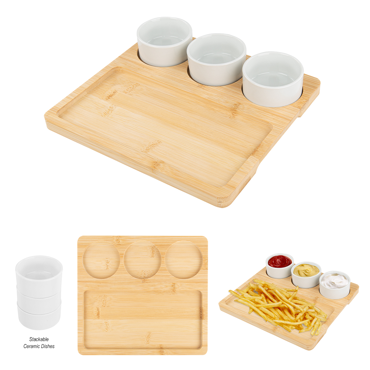 Bamboo Serving Tray With Ceramic Bowls 1
