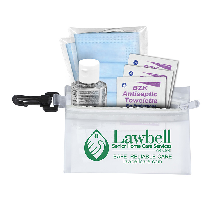 "Everything Essential" Mask & Sanitizing Protection Pack in Translucent Zipper Pouch With Plastic Ho 14