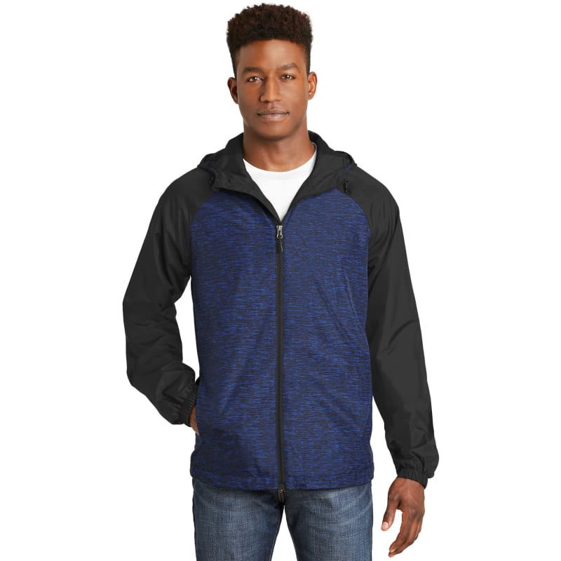 Sport-Tek Heather Colorblock Raglan Hooded Wind Jacket. 2