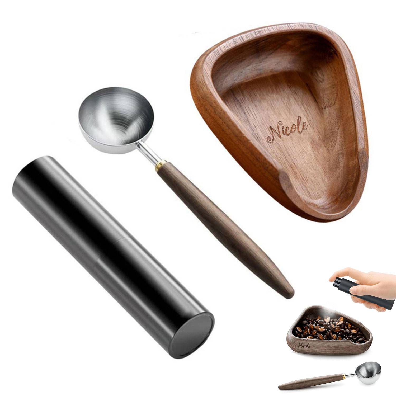 Wooden Coffee Bean Bowl Set w/ Spray Measuring Spoon 5