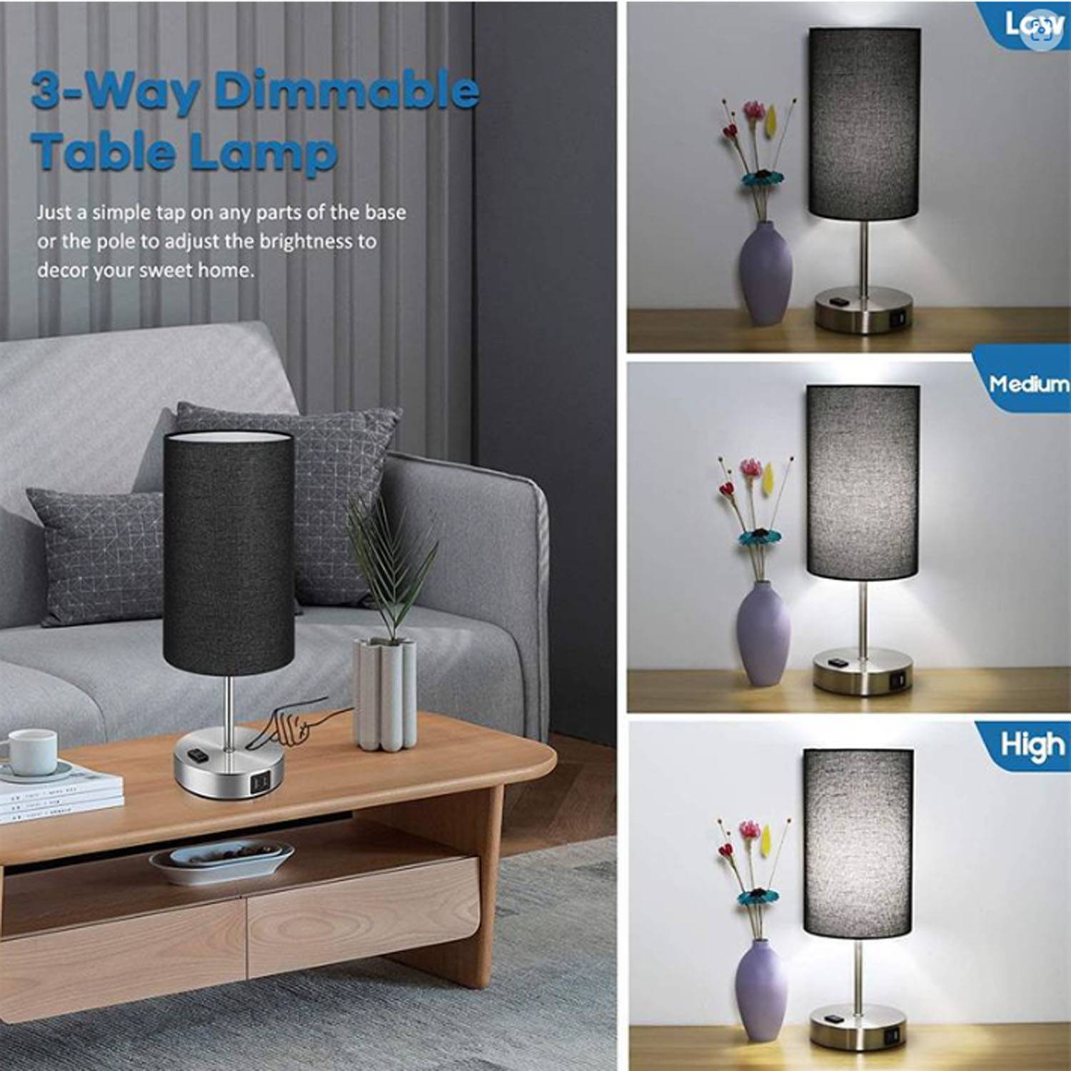 Dimmable Touch LED Table Lamp with USB Ports and Outlet 5