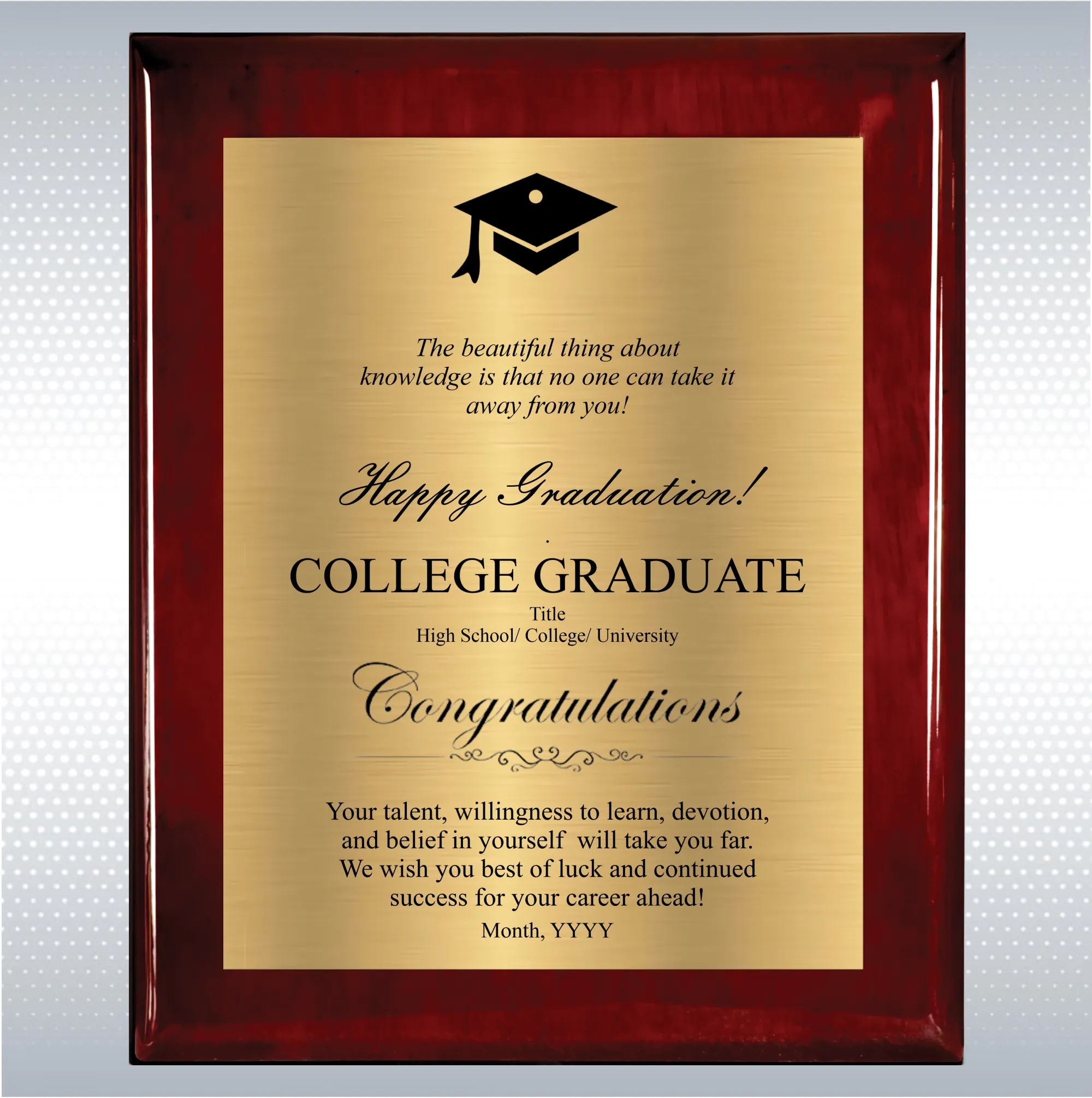Rosewood Piano Graduation Gift Plaque 12