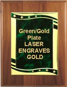 6" x 8" Cherry Finish Plaque with a Green/Gold Aluminum High Relief Plate 2