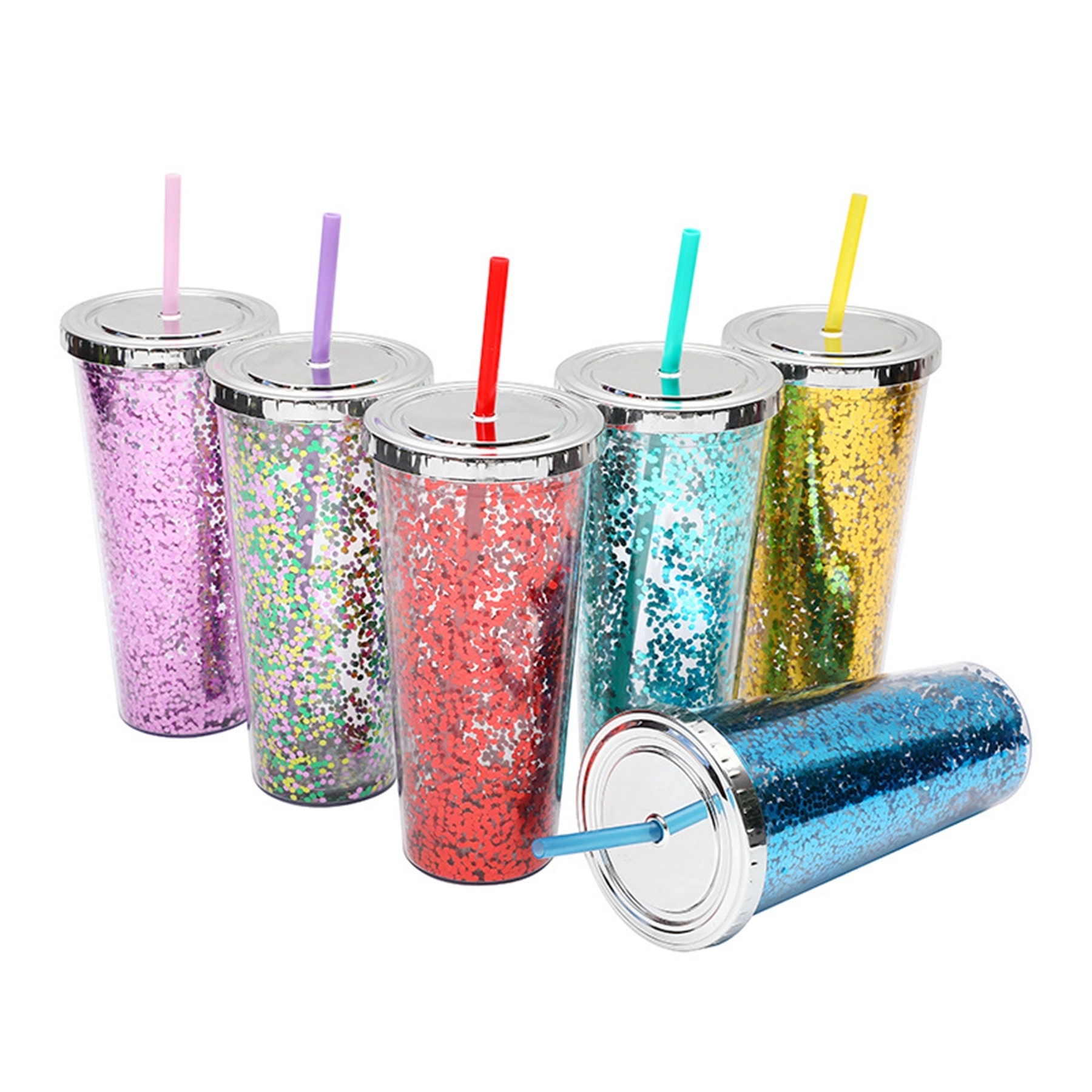 24 Oz. Double Wall Insulated Plastic Glitter Straw Mug 27