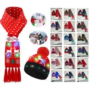 Light up Christmas Hat Beanie Winter Knitted Scarf Set 3