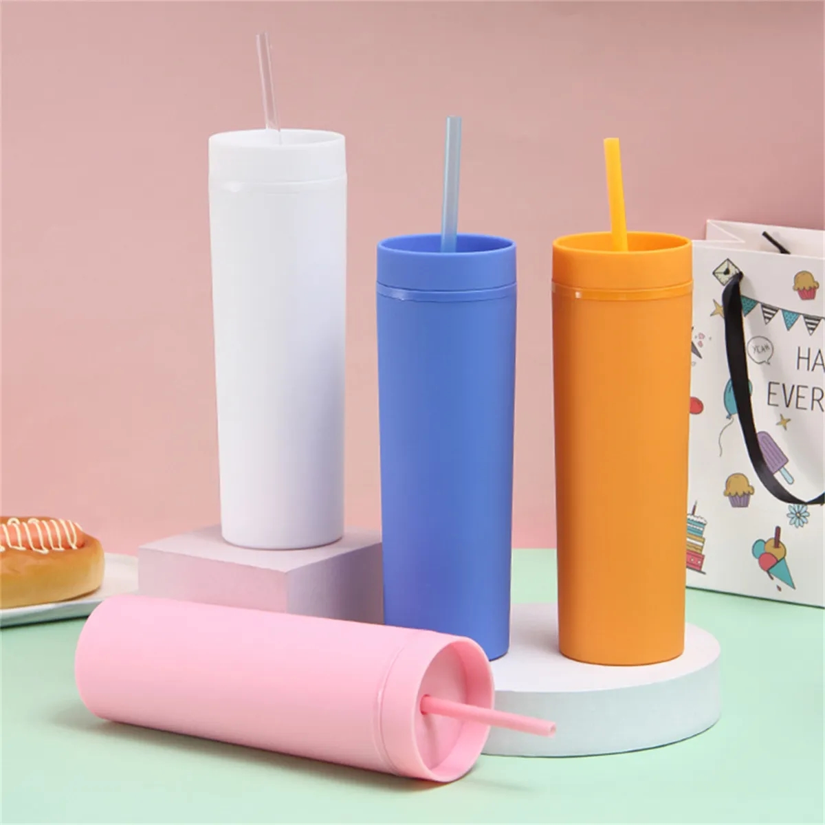 16oz Multicolor Skinny Tumblers with Lids and Straws 4