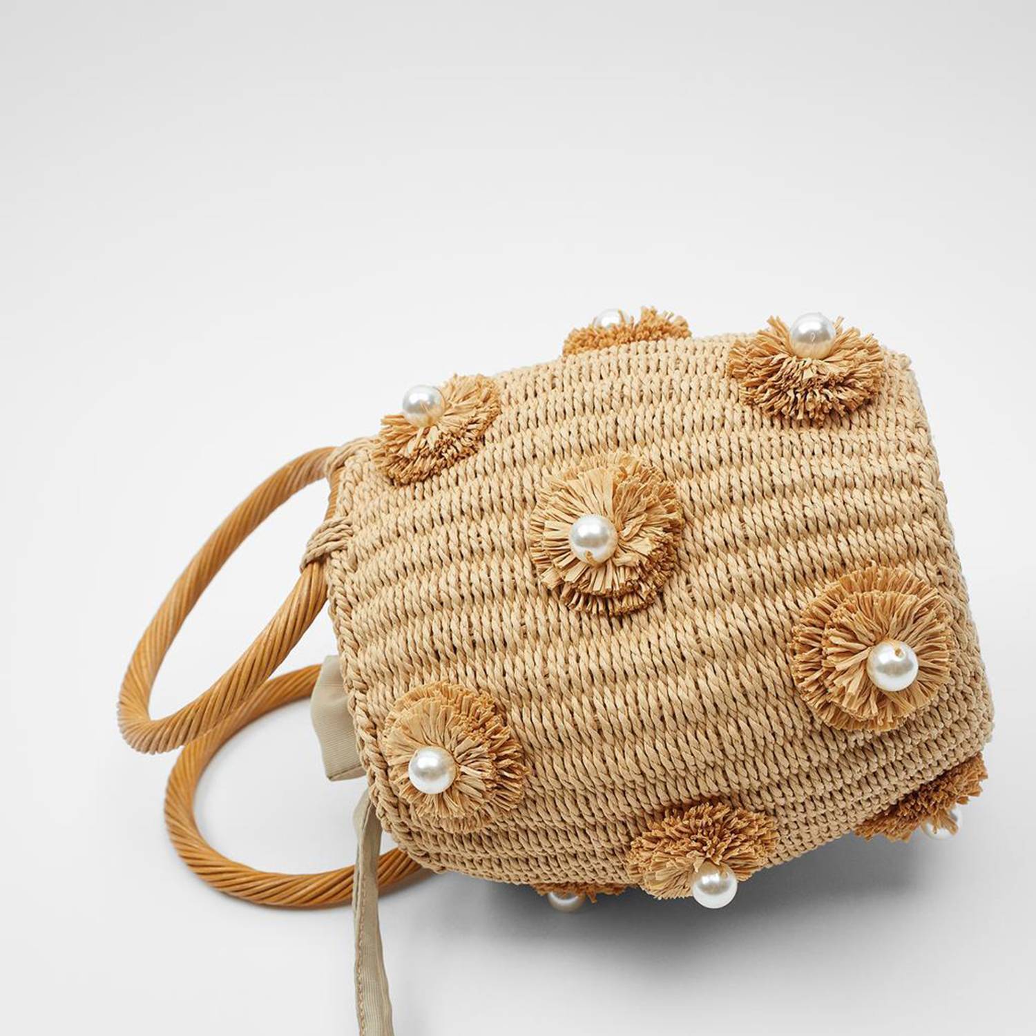 Women Woven Pearl Flower Bucket Tote Bag 6