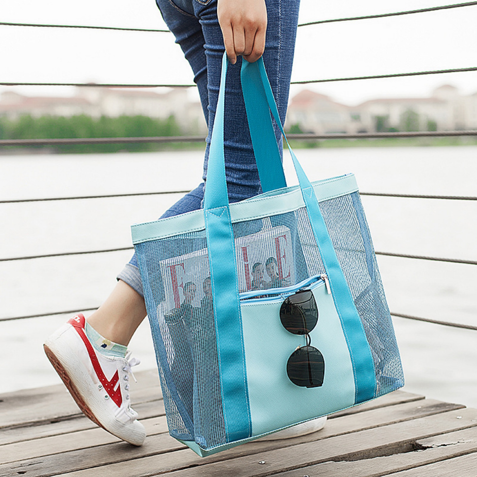 Foldable Mesh Beach Shoulder Bag with Front Zipper Pocket 7