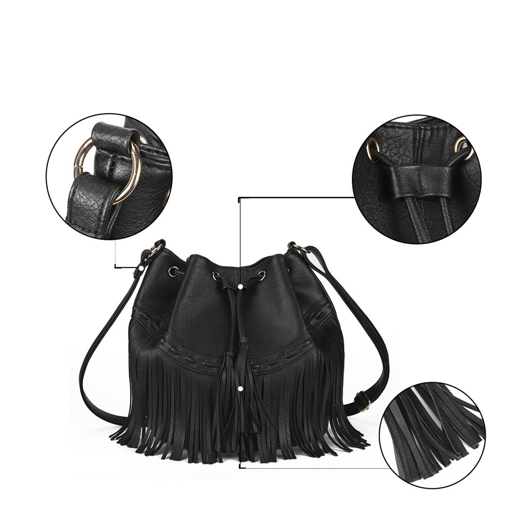 PU leather Drawstring Purse Tassel Crossbody Shoulder Bag 4