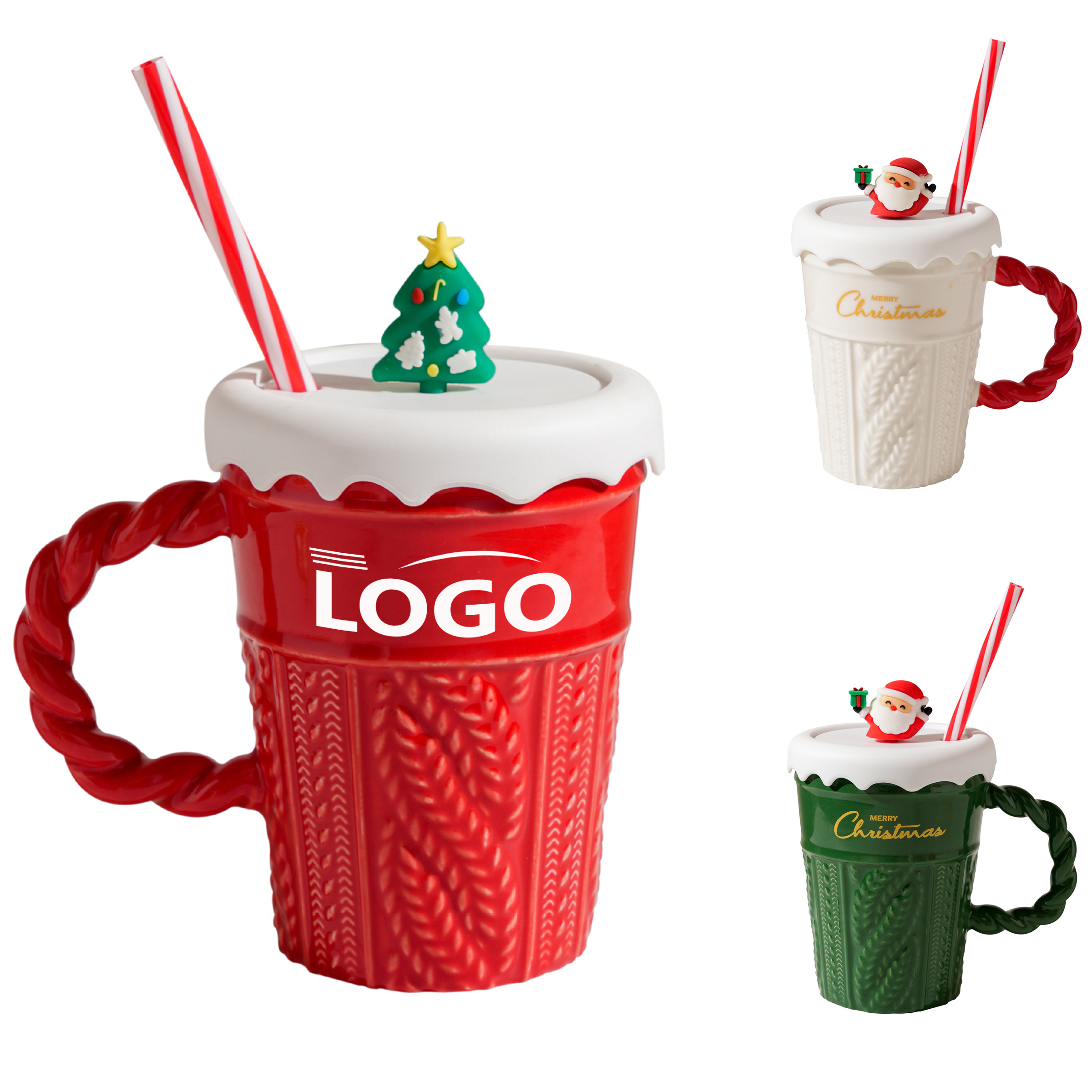 Festive Ceramic Christmas Mug with Lid and Straw 2
