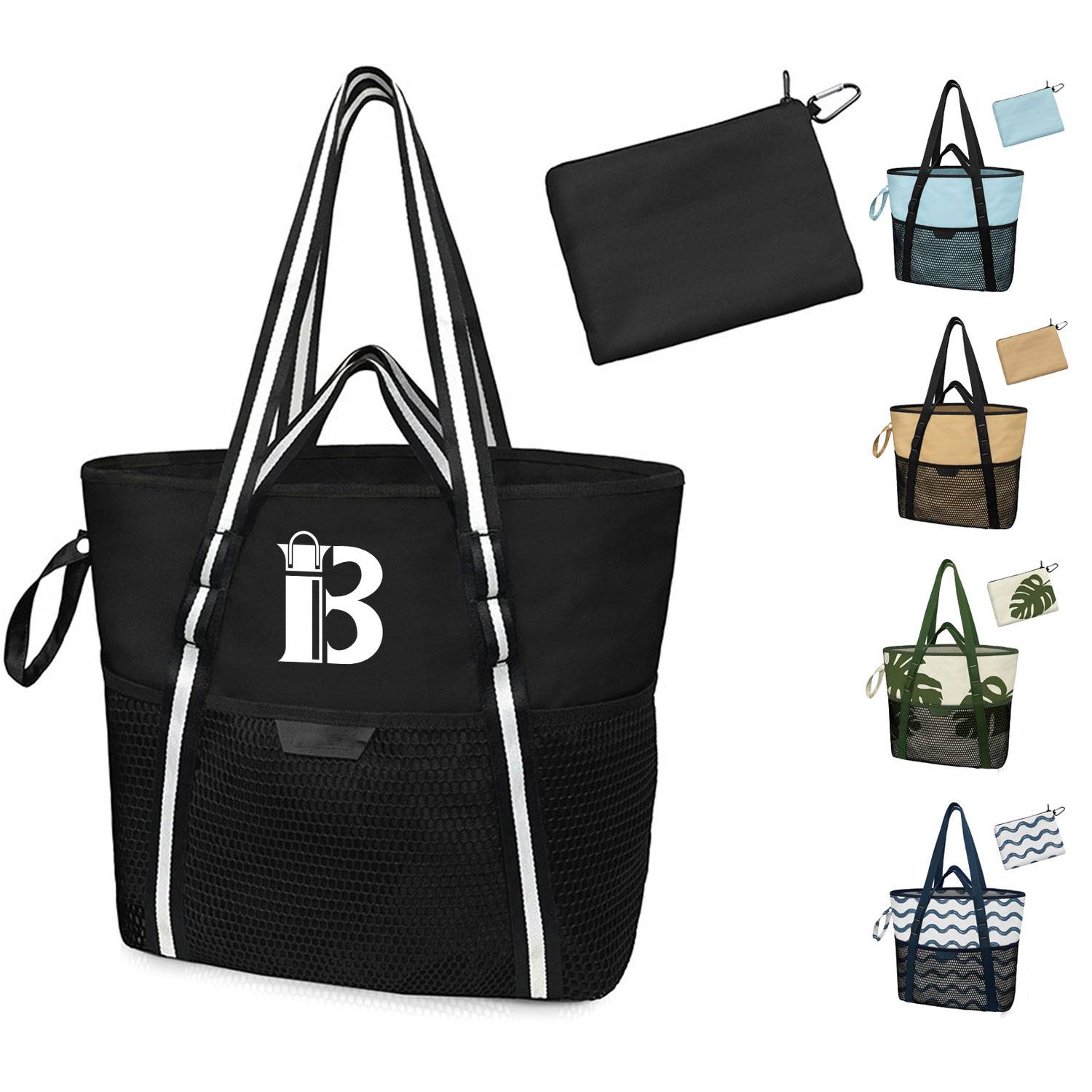 Nylon Zippered Sandproof Foldable Beach Tote Bag, custom tote bag with logo imprint 2