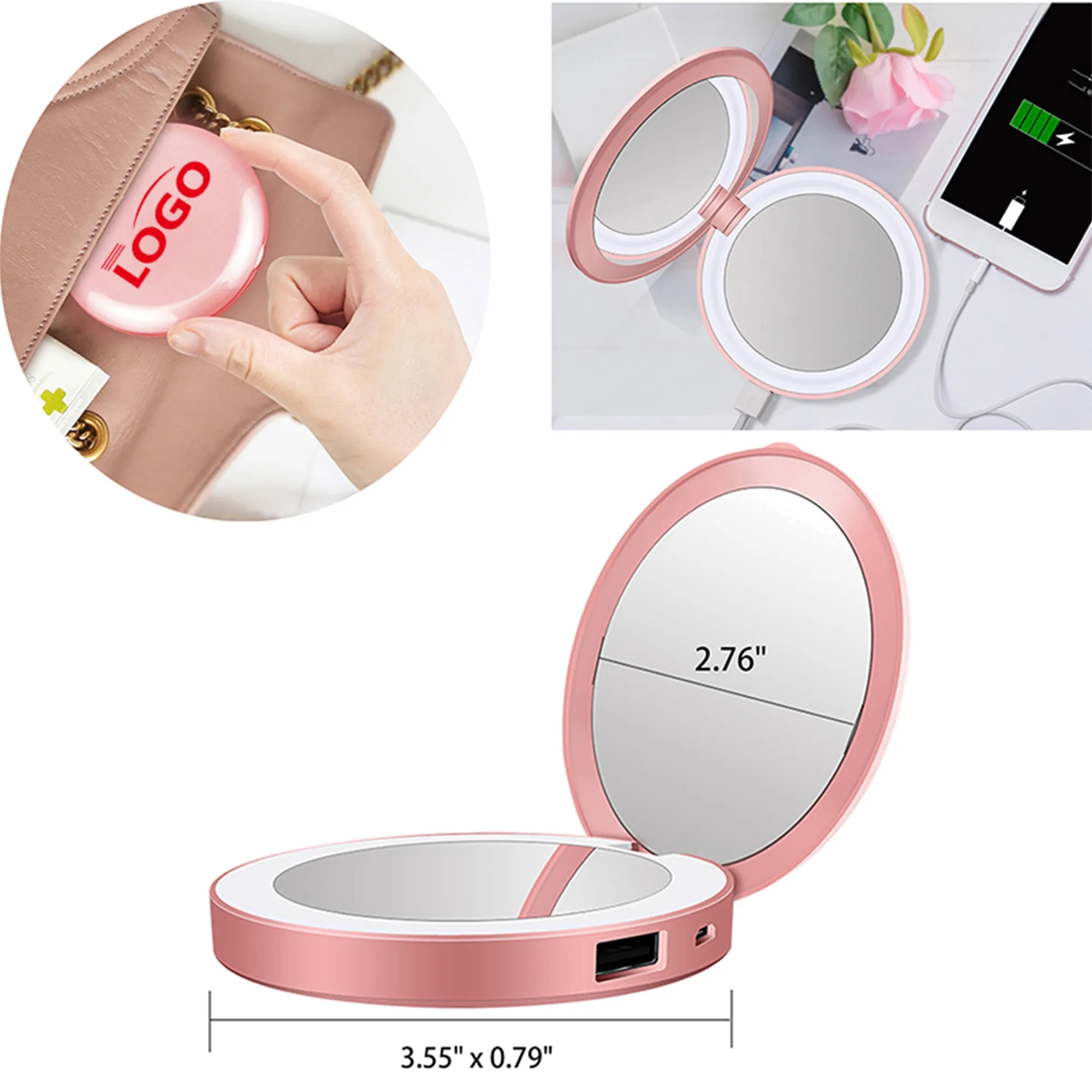 Compact Makeup Mirror with LED Lights and Power bank Charger 2