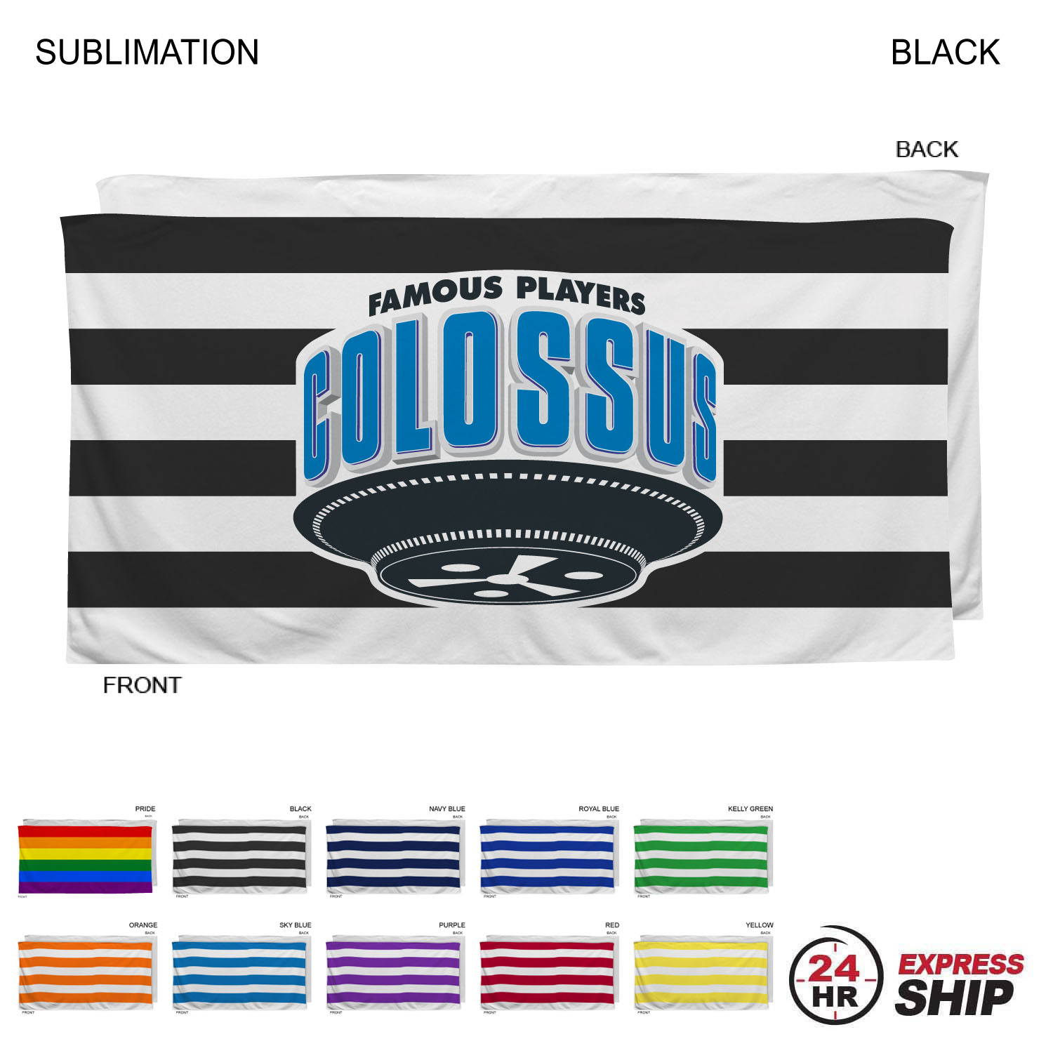 24 Hr Express Ship -Cabana Stripe Sublimated, Heavier Weight, Plush Velour Terry Beach Towel, 30x60 13