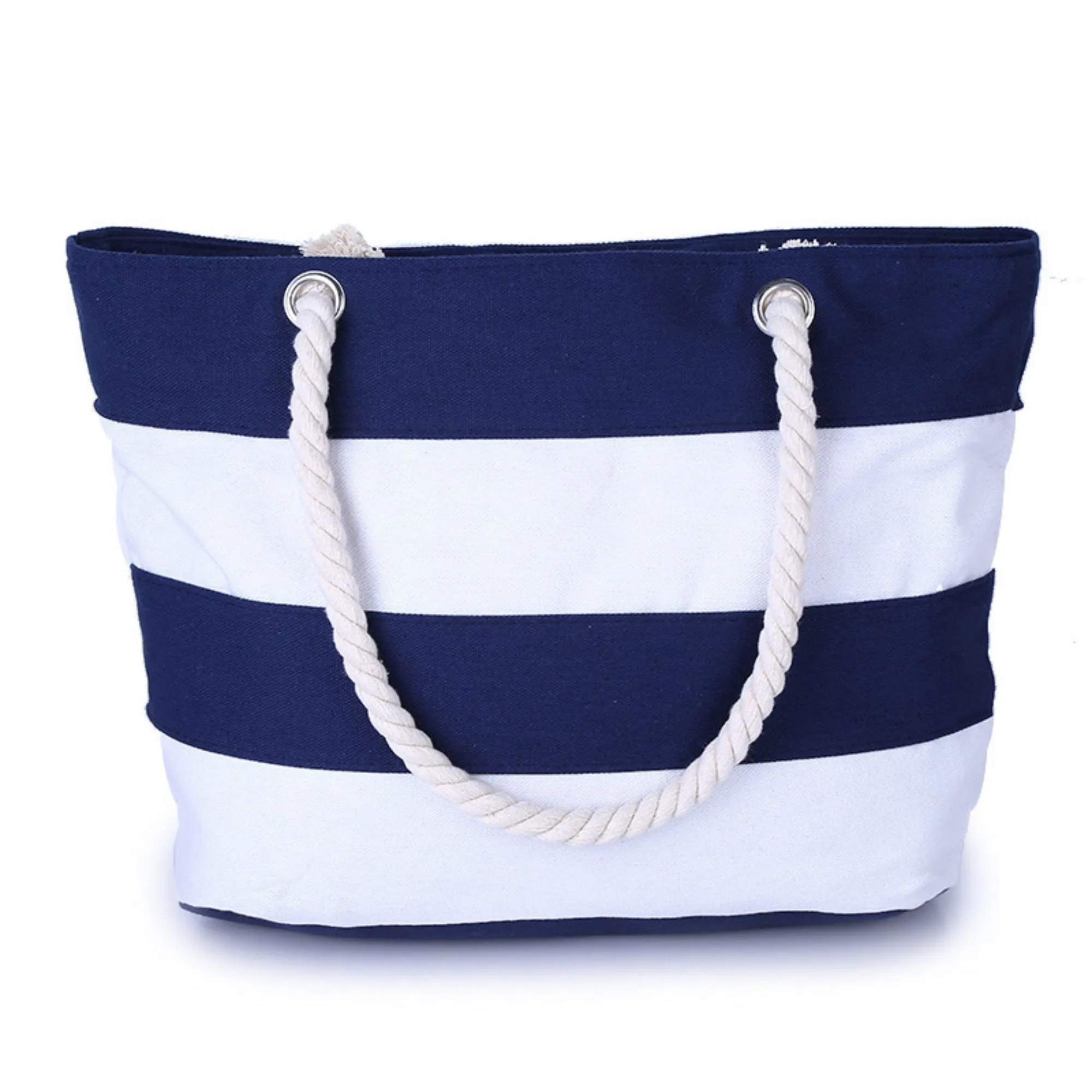 Large Striped Canvas Beach Bag With Cotton Rope Handles, custom tote bag with logo imprint 3